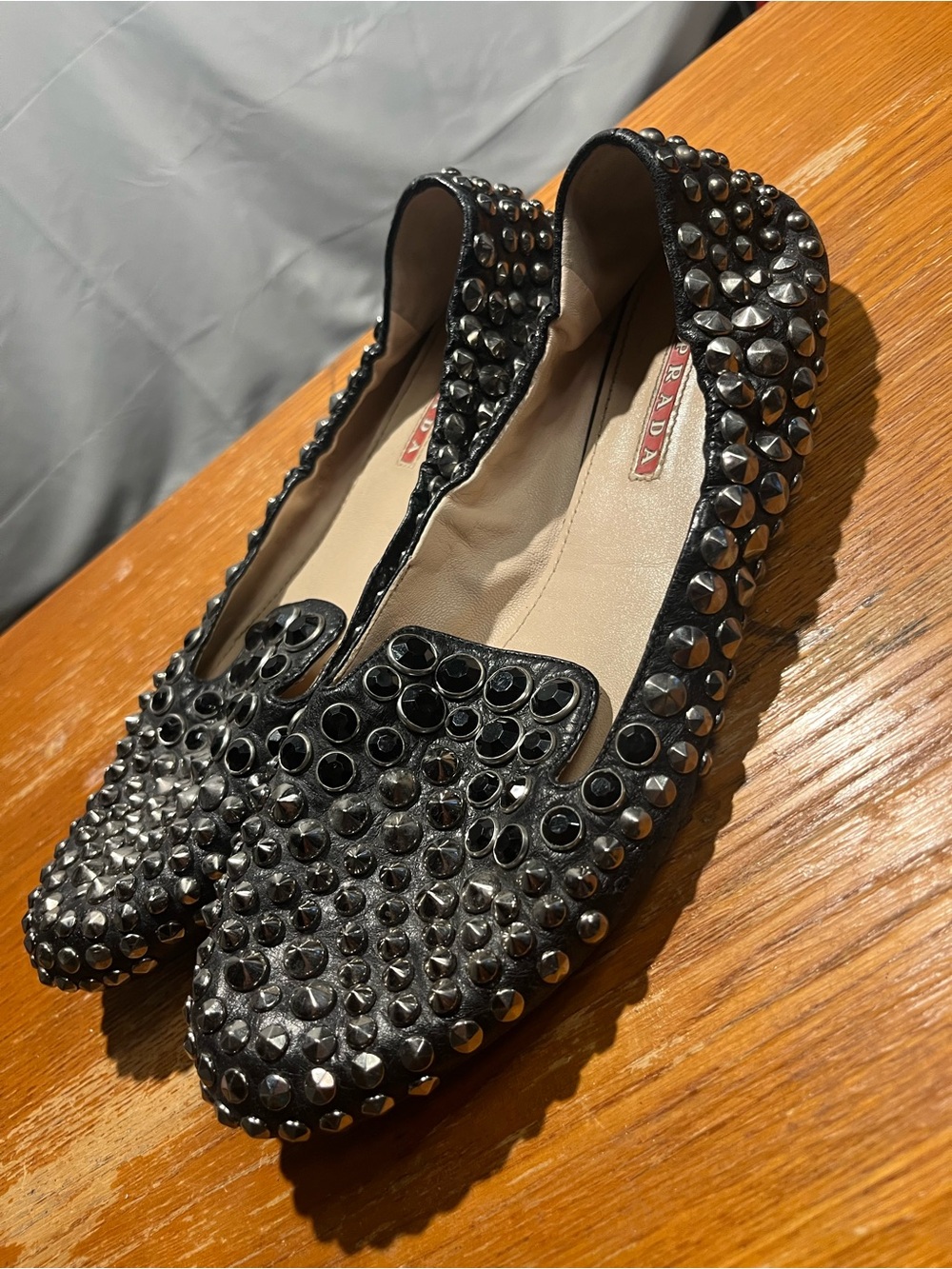 Prada Studded Classic Crystals Black Italian Black Leather Smoking Loafers 37.5